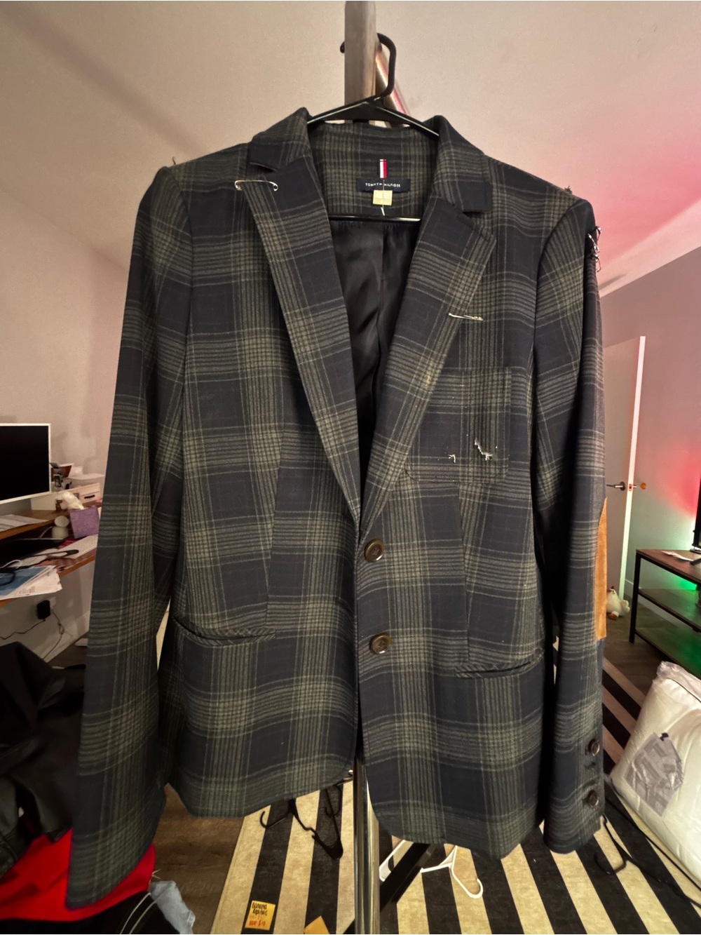 Tommy Hilfiger Navy and Gray Plaid Women's Blazer - painted and safety pins adde